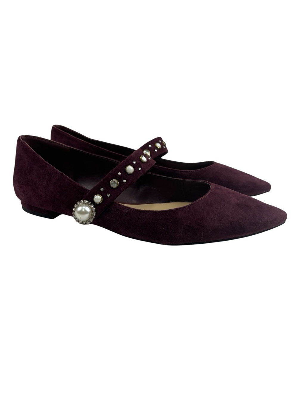 Lord & Taylor Womens Suede Pointed Toe Purple Flats Embellished Strap Size 9.5